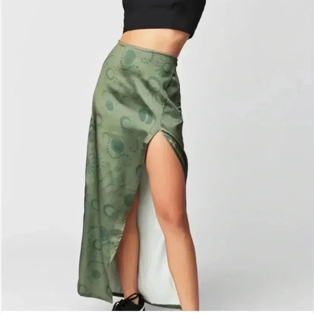 Free People Serena Maxi Skirt Celestial Moon Satin Olive Green Size 8 Astrology